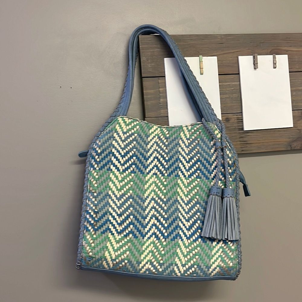 Steven by Steve Madden Blue Basketweave Shoulder Purse w/ Hanging Tassels- large